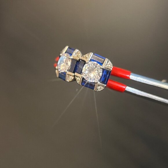 Sterling Silver 925 Blue/White Cz Stud Earrings - Picture 3 of 6